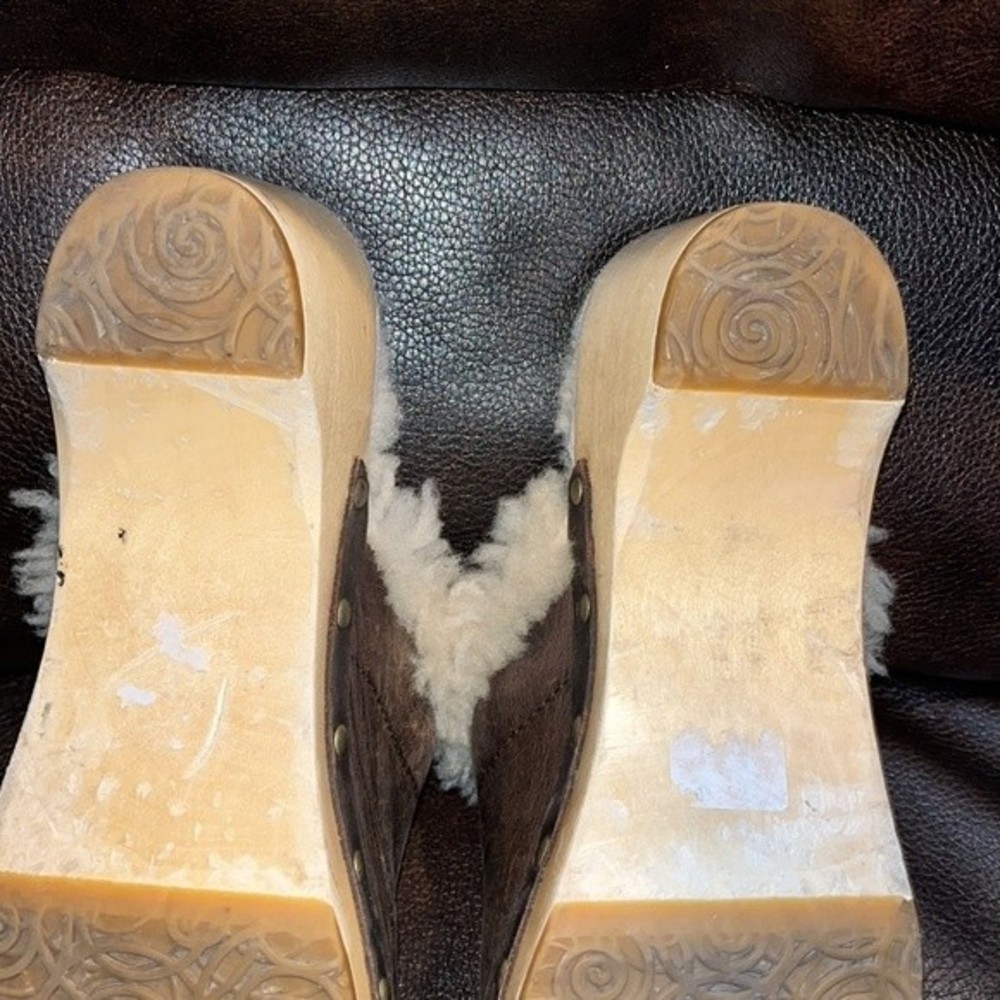 UGG Kalee Clogs Women’s 8 Brown Bomber Leather Sherpa Lined - Picture 10 of 15